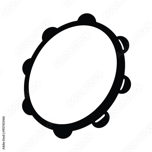 Black and White Stylized Tambourine Musical Instrument Illustration on a White Background
