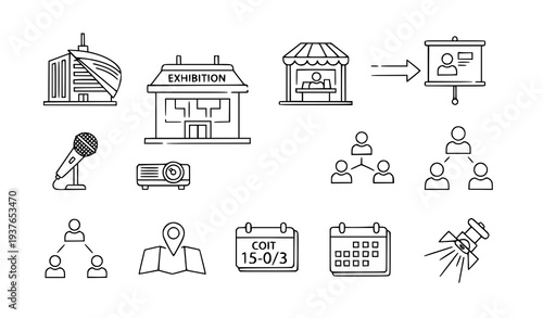 A set of line art icons representing business and communication concepts