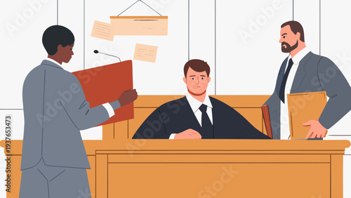 Courtroom scene with judge and lawyers presenting evidence in a trial setting with a desk and files
