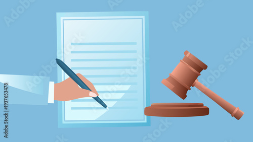 Businessman signing legal agreement document with gavel on blue background symbolizing law and justice