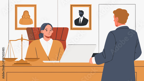 Lawyer and judge in courtroom discussion legal education concept with scale