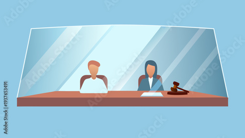 Flat vector illustration of lawyer and client in consultation meeting behind glass partition in courtroom