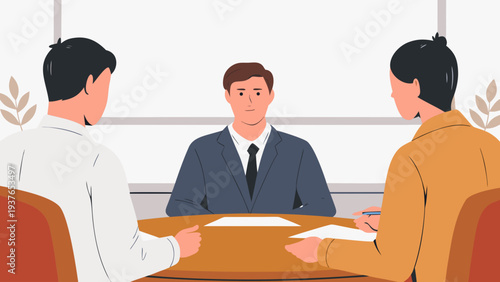 Flat vector illustration of business people in a mediation meeting with a neutral third party