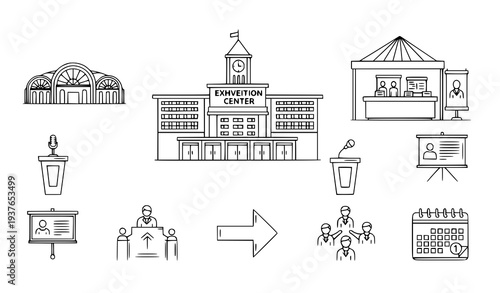 A vector graphic illustration of an exhibition center with various icons