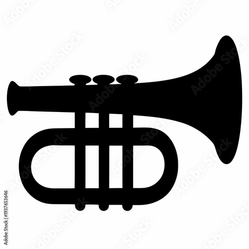A simple minimalist black trumpet silhouette on a white background