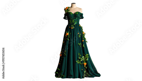 A stunning dark green gown adorned with orange fruit and vibrant foliage, displayed on a mannequin, with off-the-shoulder design