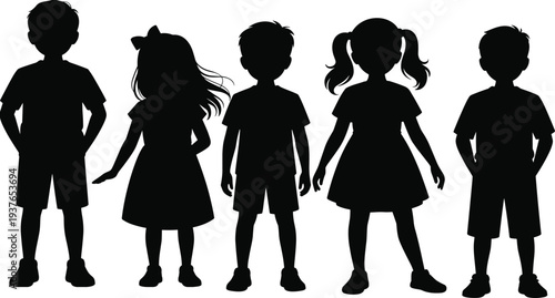 PrintBlack silhouette icons of diverse primary school children standing together, young boys and girls, isolated on white background.