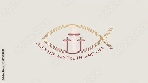 Christian symbol with three crosses and fish inspirational quote 'jesus the way truth and life'