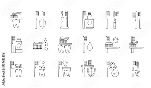 A set of minimalist line art icons depicting various dental hygiene tools and symbols