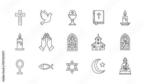 A collection of religious symbols and icons in a minimalist line art style