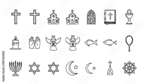 A collection of religious icons and symbols in a minimalist line art style