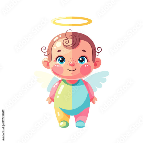 Cute baby angel with golden halo and white wings, smiling, cartoon style