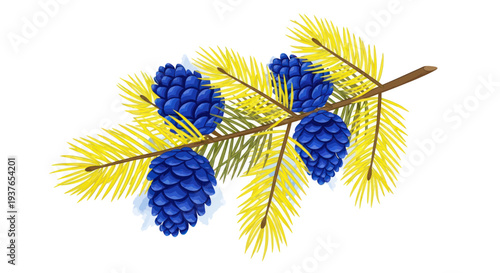 Vibrant Blue Pine Cones on Golden Evergreen Branch - Isolated Illustration