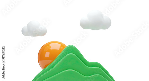 3D Cartoon Style Sunrise Over Green Hills with Clouds