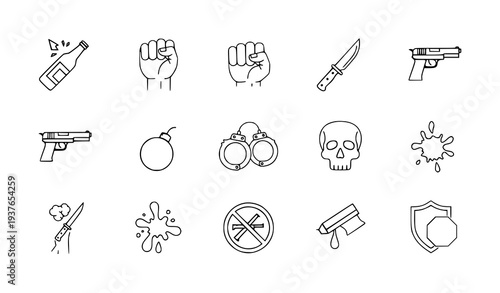A set of line art icons depicting various symbols of violence and protection