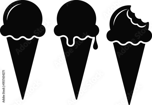 PrintBlack silhouette icons of ice cream cones featuring melting scoops and bite marks for summer food deste icons of ice cream cones featuring melting scoops and bite mark