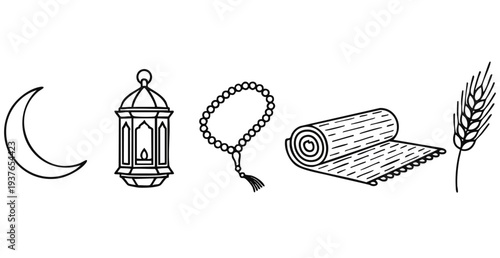 Islamic Religious Line Art Set - Ramadan Crescent Moon, Star, Lantern, Prayer Beads, Mat, and Wheat Branch Icons