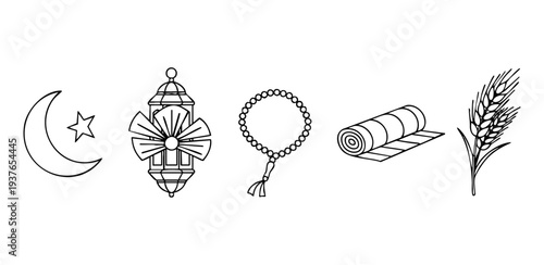Islamic Religious Line Art Set - Ramadan Crescent Moon, Star, Lantern, Prayer Beads, Mat, and Wheat Branch Icons