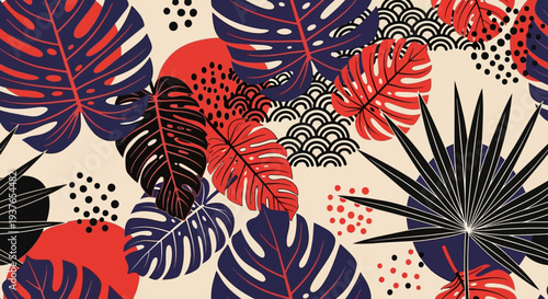 Vibrant tropical leaf pattern with modern abstract design
