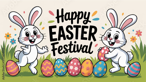 Two white cartoon bunnies with colorful easter eggs and flowers on green grass background celebrating happy easter festival