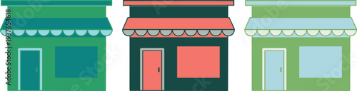 Colorful storefronts with awnings and doors green