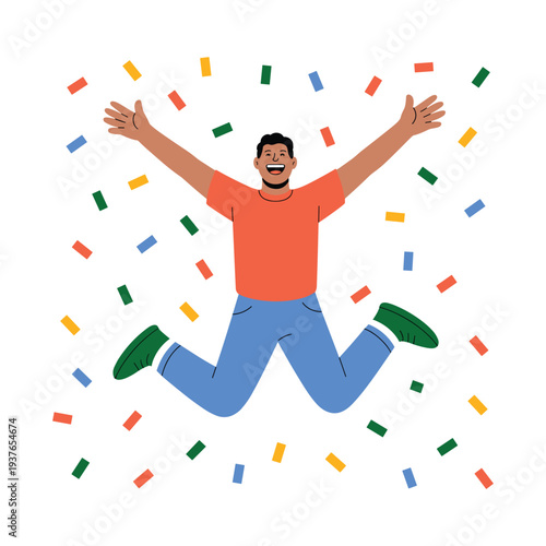 Happy man jumping with joy surrounded by confetti