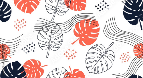 Vibrant tropical leaf pattern with modern artistic lines and shapes