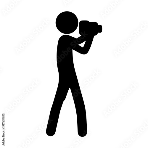 A simple stick figure silhouette photographing or filming something with a camera