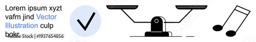 Validation, decision-making, legal concepts, art, balance, creativity. Visuals of a checkmark, scale and music note. Validation and decision-making highlighted through checkmark and scale