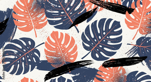 Vibrant tropical monstera leaves pattern in modern coral and navy blue