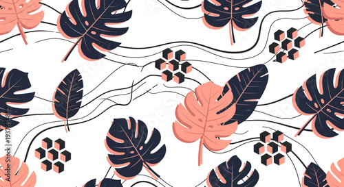 Vibrant tropical leaf pattern with modern geometric cubes on white