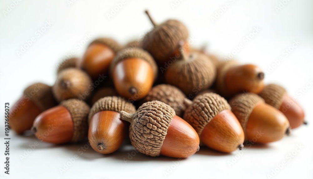 Fototapeta premium Pile of brown acorns with caps. Many oak tree seeds rest on clean white surface. Autumnal organic nature bounty ready for harvest or planting.