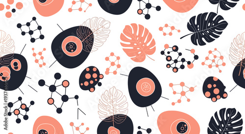 Vibrant botanical pattern with modern molecular designs
