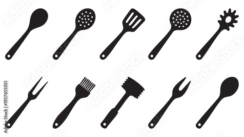 Kitchen utensils and cooking tools silhouette set featuring spoons spatulas brushes and forks for chefs
