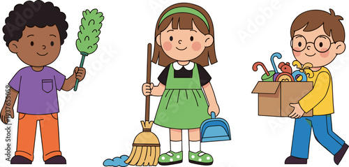 Kids Helping with Cleaning and Organizing Toys Vector Illustration Showing Children Doing Household Chores, Responsibility, Teamwork and Good Habits Concept