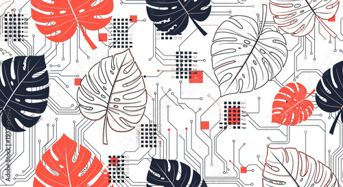 Vibrant monstera leaves blend with futuristic circuit board design