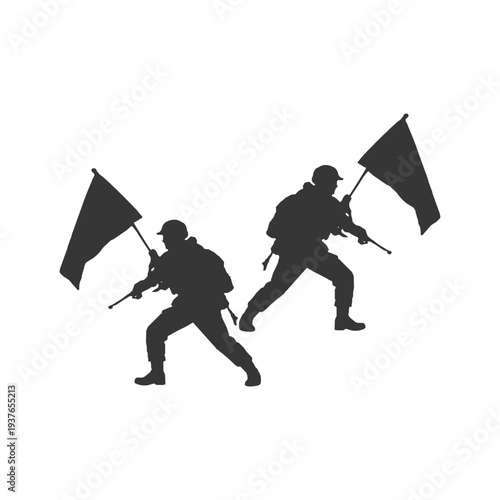 Silhouette of two soldiers holding flags, ideal for patriotic, victory, and military parade themed designs.