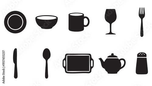 Set of tableware and dining icons including plate bowl mug wine glass fork knife spoon