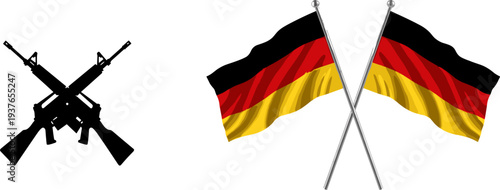 Crossed Germany Flags and Assault Rifle Silhouette Vector Illustration Featuring German National Colors with Military Weapon Symbol for Defense, Security and Political Concept