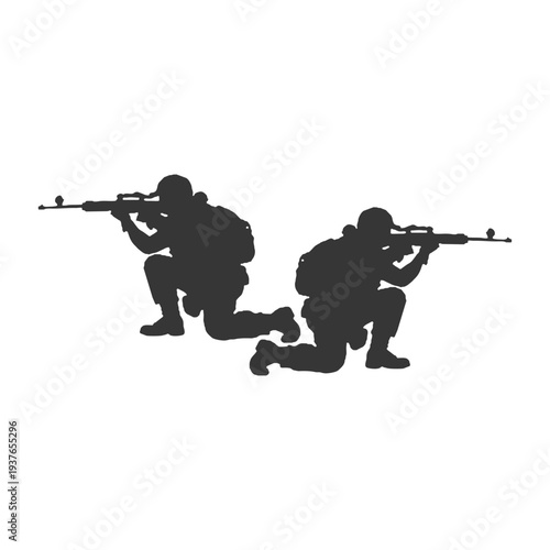Silhouette of two soldiers in kneeling and standing firing positions, suitable for combat and tactical scenes.