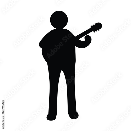 Stylized silhouette of a guitar player, minimalist design, clear white background