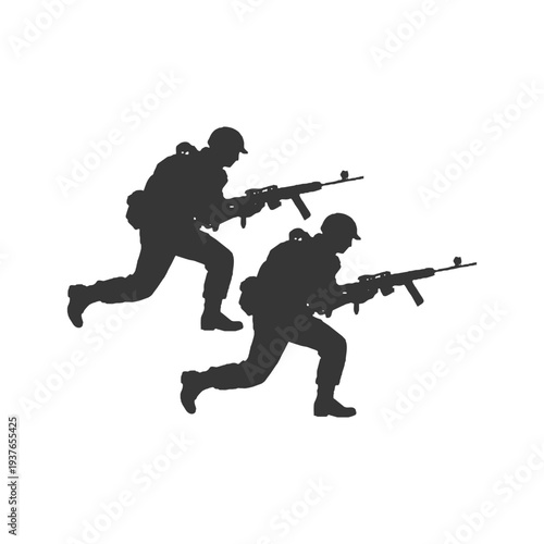 Silhouette of two soldiers running with rifles, ideal for fast-paced assault and battlefield movement graphics.
