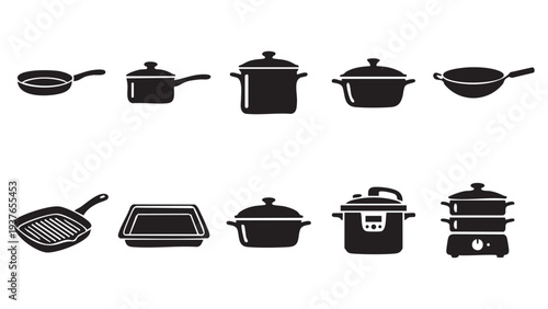 Collection of cooking pots pans and kitchenware vector icons including frying pan saucepan pressure cooker