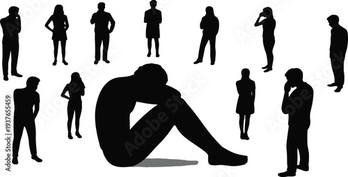 k silhouette of a depressed person sitting alone on the flolone on the floor surrounded by blurred figures of judgmental people.