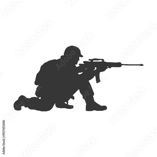 Silhouette of a kneeling soldier with a long rifle, ideal for sharpshooter and tactical overwatch illustrations.