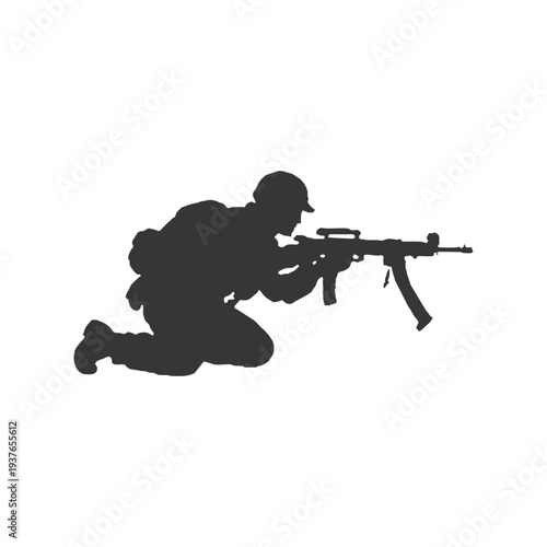 Silhouette of a crawling soldier with a machine gun, great for suppressive fire and heavy weapon mission visuals.