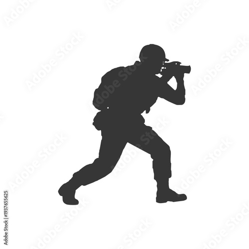 Silhouette of a soldier walking with binoculars, perfect for reconnaissance, scouting, and surveillance themes.