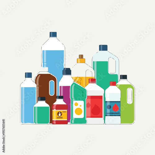 Assorted Plastic Bottles and Containers for Household Cleaning Products