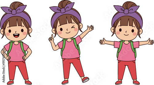 Cute School Girl Character Set Vector Illustration Showing Happy Child with Backpack in Different Poses for Education, Classroom and Childhood Activity Design