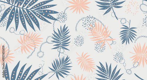 Vibrant tropical leaf pattern with blue and pink hues on white background